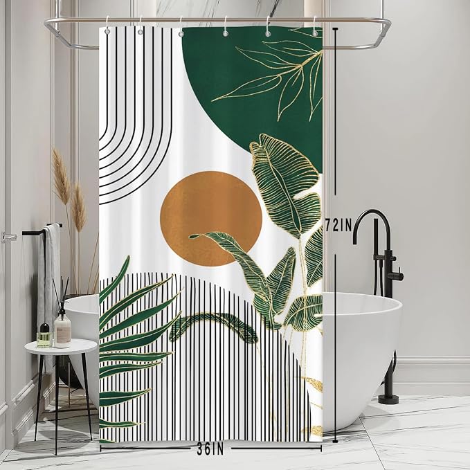 Mid Century Boho Shower Curtain, Abstract Modern Sun Minimalist Aesthetic Shower Curtain, Bohemian Geometric Arch Curve Leaves Neutral Art Fabric Bathroom Curtains Green 36x72 inch