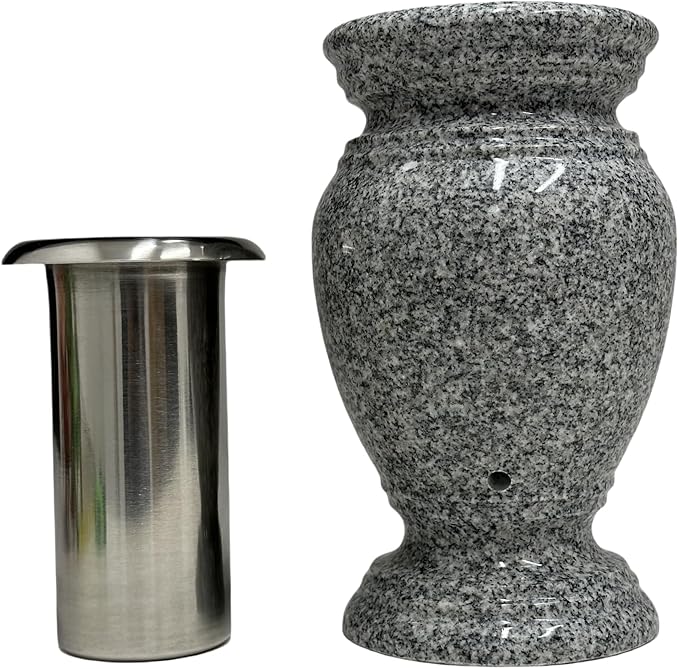 Memorial Cemetery Flower Vase - Real Granite (Grey Granite), with Stainless Steel Inner, Grave Marker, Decorations for Gravesite, Headstone Flowers Holder, Garden Lawn & Yard (5.5x5.5x9)