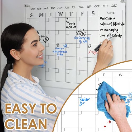 MAKELLO Acrylic Wall Calendar - 24" x 18" Clear Dry Erase Planner for Office, Home & School | Includes 4 Pens & Holder