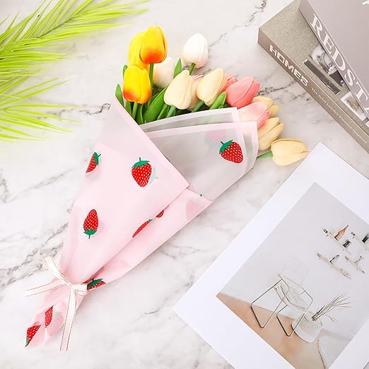 20 Sheets Flower Wrapping Paper, Matte Florist Strawberry Flower Bouquet Wrapping Paper With Ribbon Pink Paper Floral Wrap Papers for Bouquets Gifts Wrapping Papers for Birthday Girl Wedding Christmas