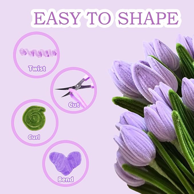 Pipe Cleaners Flower Craft Kit,Chenille Stems Craft DIY Bouquet Making Set with Floral Wires, Gardening Tape, Stamens & Ribbon for Home Decor-Holiday Decorations,Gifts - 400 Pcs(Purple)