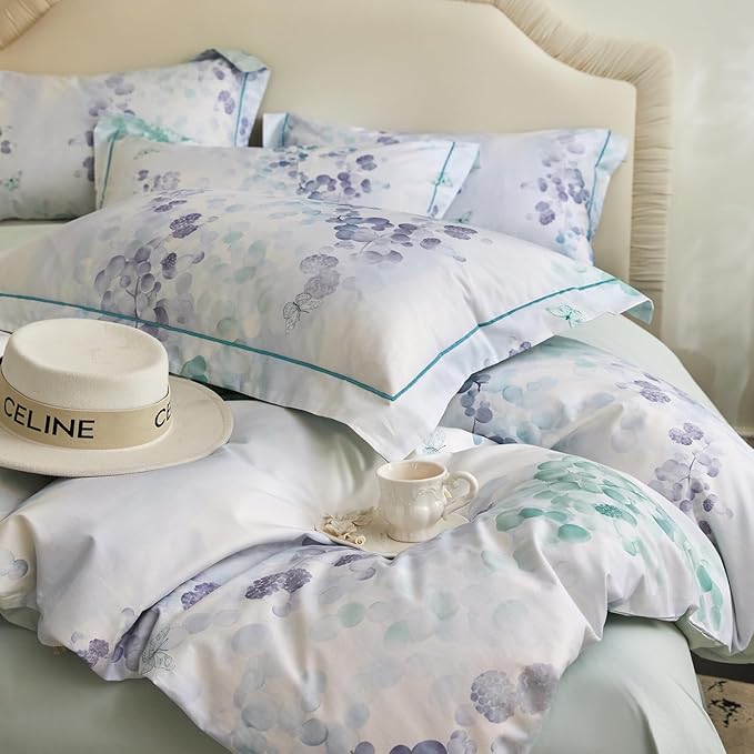 VM VOUGEMARKET Green Purple Duvet Cover Set Queen,3 Pieces Branch Leaves Duvet Cover with 2 Pillow Shams 100% Cotton Botanical Bedding Set-Queen,90x90 Inch