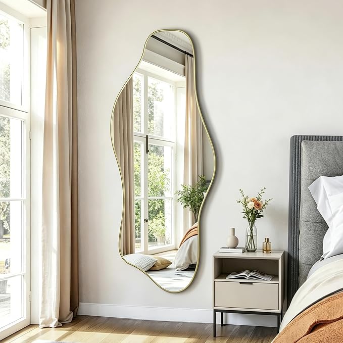 Irregular Wall Mirror, 60"x24" Large Asymmetrical Tempered Glass Mirror, Gold Modern Organic Frameless Mirrors for Entryway Hallway Bedroom Living Room, Horizontal or Vertical Hanging