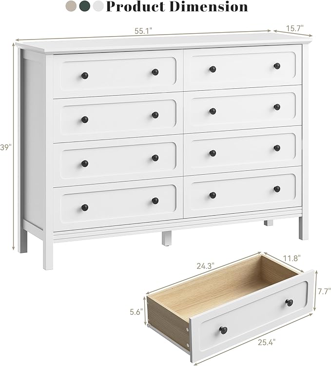 CARPETNAL White Dresser for Bedroom, 55" Wide 8 Drawer Dresser with Metal Handles and Deep Drawers, Modern Large Wood Chest of Drawers for Living Room, Hallway.
