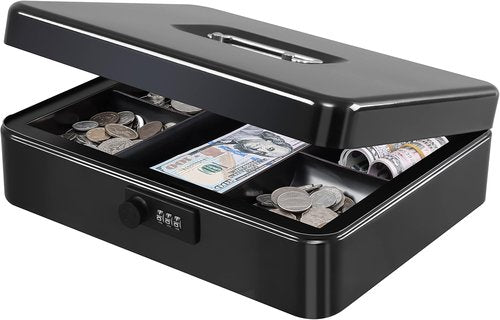 KYODOLED Metal Cash Box - Secure Combination Lock Money Box with Tray | 11.81" x 9.45" x 3.54" - Black