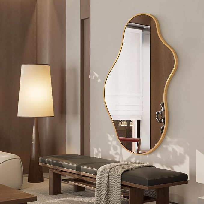 Dorlicecass Bathroom Mirrors for Over Sink - Long Wall Mirrors Decorative 20"x 36" Asymmetrical Abstract Aviation Aluminum Alloy Frame Unique for Bedroom, Living Room, Cloakroom, Entryway Gold