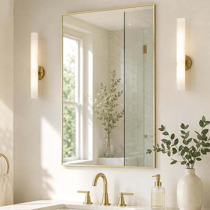 24"x36" Gold Bathroom Mirror for Wall, Shatterproof Tempered Glass, Champagne Gold Tone Rectangle Narrow Frame, H/V Wall-Mounted, Ultra-Flush