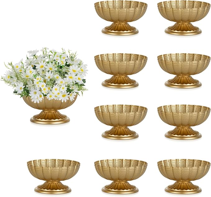 NUPTIO Small Gold Vases for Centerpieces: Brass Compote Vases for Flowers - Metal Pedestal Bowl Decor for Wedding Table Home Set of 10