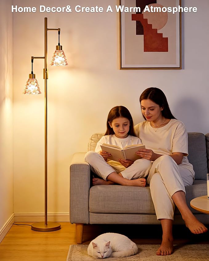 Lightdot 2-Light Gold Flower Floor Lamp, 65IN Rose Red Glass Floor Lamp with 3000K Warm White Bulbs, Modern Standing Tall Lamp with 5Lbs Heavy Base for Living Room Bedroom Home Office Sofa Beside