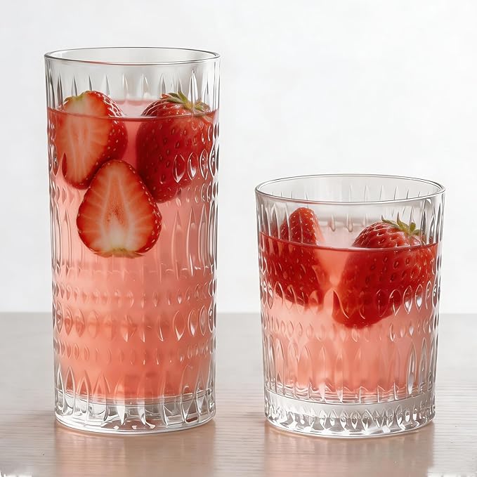 Loivttvv Glassware Drinking Glasses Set of 8, 14 oz Highball Glasses & 10 oz Ribbed Glass Cups, Vintage Glassware for Water, Juice, Cocktail, Whiskey (Clear)