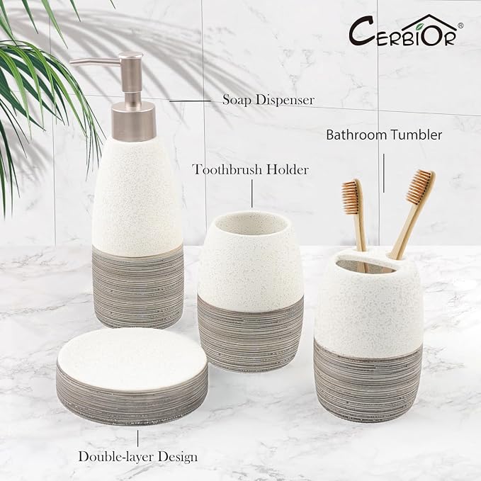 CERBIOR Bathroom Accessories Set,4 Pcs Ceramic Bathroom Decor Accessory,Includes Toothbrush Holder, Toothbrush Cup, Soap Dish for Decorative Countertop and Housewarming Gift, (Grey White)