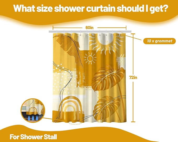 Yellow Shower Curtain Mustard Bohemian, 60x72 Inchs | Abstract Design, Mid Century Modern Pattern Theme, Bathroom Decor Sets, Waterproof Cloth Fabric, with Hooks