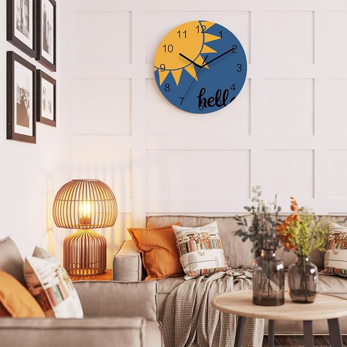 Sunburst Rays Wall Clock Battery Operated Non-Ticking 12" Round Wood Clocks, Mustard Yellow Slate Blue Kitchen Wall Clock for School Bathroom Living Room Home Office Wall Decor