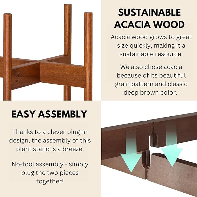 Fox & Fern Mid Century Plant Stand — 10 Inch Fixed Size Wooden Plant Stand for Indoor Planters (Not Included) - Raised Flower Pot Holder for Indoors - Plug In Design - Two Height Options - Acacia