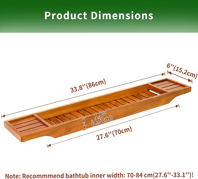 VaeFae Teak Bathtub Tray, Wooden Bath Caddy for Bathtub, Bath Tub Wood Table for Tub