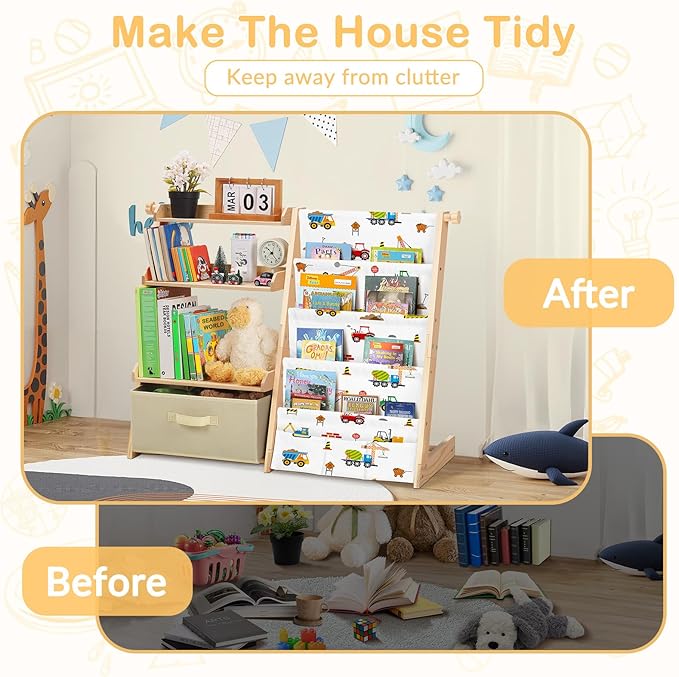 Kids Bookshelf and Toy Storage Organizer 2 in 1 Toddler Bookcase-4 Tier Book Shelf with Toy Box for Kids Room,Nursery,Playroom