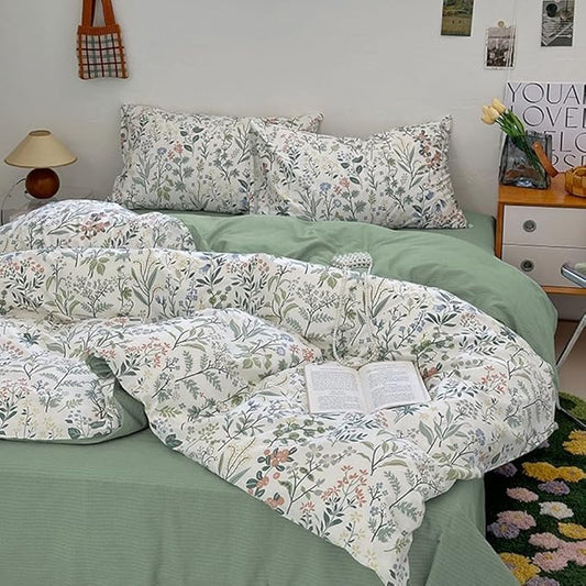 EAVD Vintage Style Garden Botanical Duvet Cover King Soft Cotton Chic Shabby Colorful Leaves Floral Bedding Set with 2 Pillowcases Fresh Floral Duvet Cover with Zipper Closure
