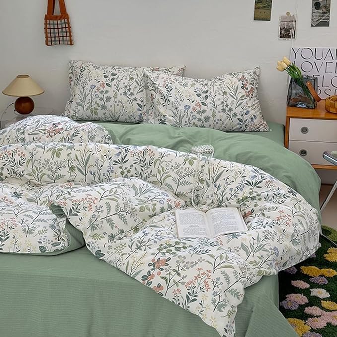 EAVD Vintage Style Garden Floral Duvet Cover Queen Soft Cotton Chic Shabby Colorful Leaves Floral Bedding Set with 2 Pillowcases Fresh Botanical Duvet Cover with Zipper Closure