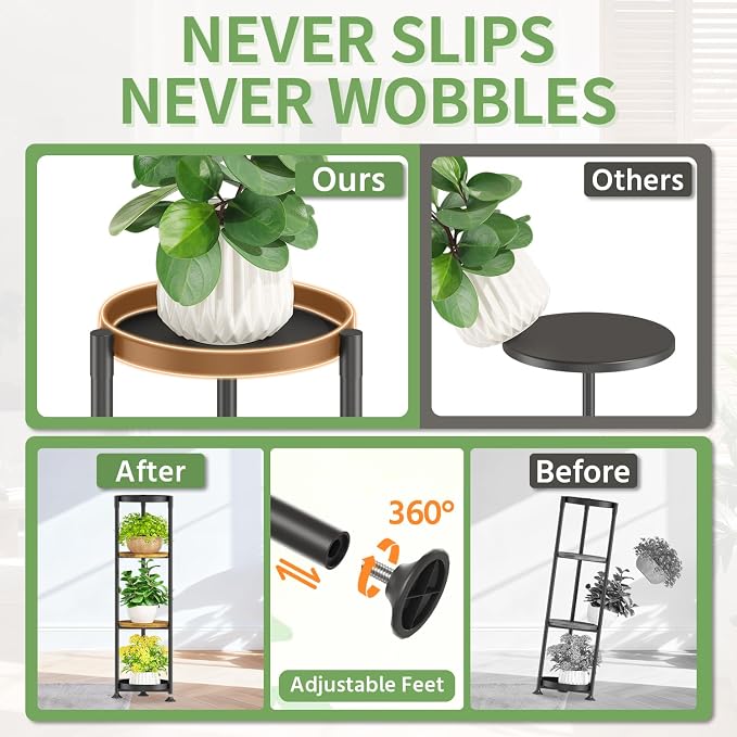 KMOTASUO 4 Tier Black Plant Stand Indoor for Large Tall Heavy Duty Planter, Multiple Sturdy Metal Flower Corner Rack for Narrow House Floor, Iron Vertical Level Round Orchi Holder Organizer, Modern