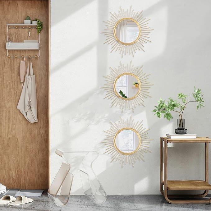 3 Pack Metal Mirrors for Wall Gold Sunburst Wall Mirrors Home Décor Art Decorative Modern Bohemian Hanging Wall Art for Living Room Bedroom Bathroom Entryway Small 12''