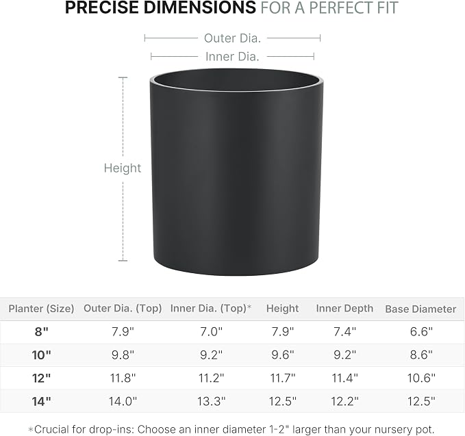 FaithLand 10 Inch Fiberstone Planter - Lightweight Modern Cylinder Plant Pot with Drainage Hole & Plug, Indoor Outdoor Use, Matte Black