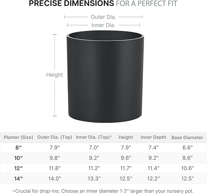 FaithLand 8 Inch Fiberstone Planter - Lightweight Modern Cylinder Plant Pot with Drainage Hole & Plug, Indoor Outdoor Use, Matte Black