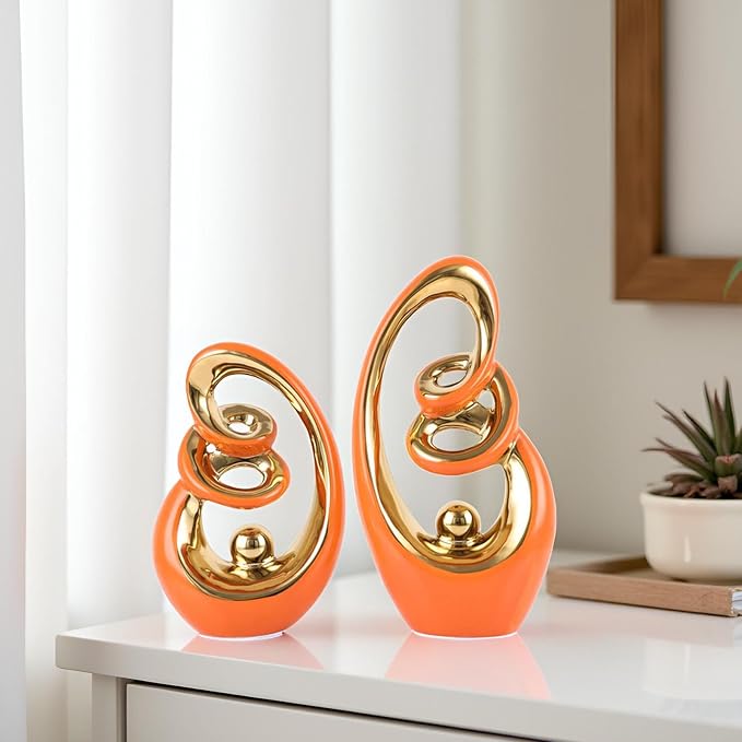 Orange Ceramic Abstract Sculpture Statue,Mid Century Modern Gold Accent Decor,Porcelain Statues Art Deco Gold Show Piece for Home - Contemporary Tv Stand End Table Centerpieces (Orange Gold)