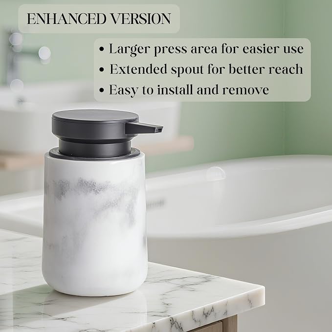 Clasin Home Liquid Soap Dispenser with Easy-to-Press Pump, 10 oz Refillable Hand Soap Dispenser with Extended Spout for Bathroom Kitchen Dish Lotion, Modern Stone Texture (White)