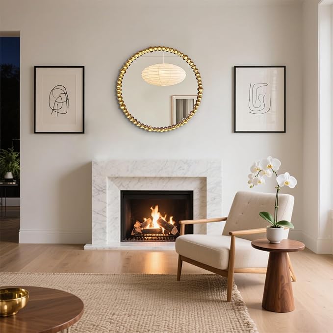 Gold Round Mirror with Beaded Frame ，Circle Antique Bathroom Vanity Mirror Decorative Wall Mirrors for Living Room,Bedroom, Entryway