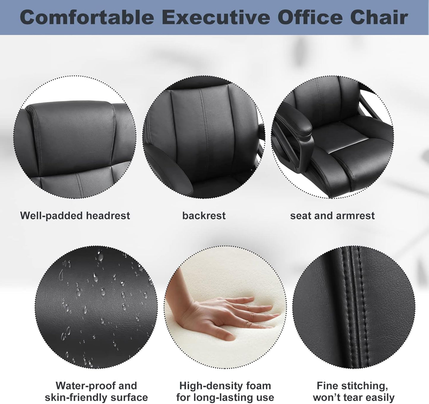 Skiennix Ergonomic Executive Office Chair - Heavy Duty 300lbs Capacity, Mid-Back PU Leather with Lumbar Support - Black