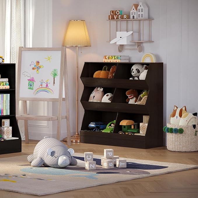 DINZI LVJ Toy Storage Organizer, Kids Bookshelf, Wooden Toy Storage Cabinet, 6 Cubby Children Bookcase, 35.4" L Toddler Book Shelf for Playroom, Living Room, Nursery, Hallway, School, Espresso