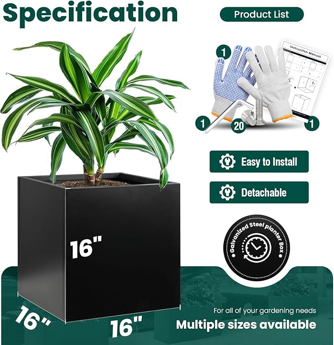 Galvanized Steel Planter Box Black Metal Planter Square Indoor Outdoor Planters Cube Steel Heavy Duty 16Inch Powder Coating Modern Commercial Residential for Patio, Yard, Garden
