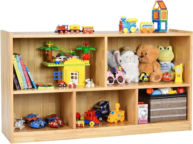 Costzon 2-Shelf Bookcase for Kids, Wooden Toy Storage Organizer for Books Toys, 5-Section Freestanding Classroom Daycare Montessori Bookshelf for Preschool, Home Playroom & Kindergarten (Burlywood)
