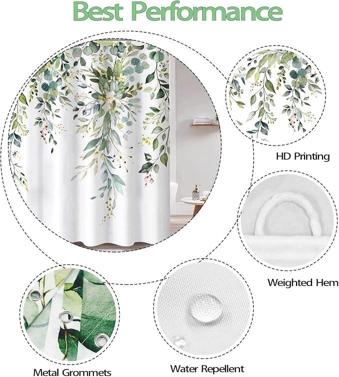 Long Green Eucalyptus Shower Curtain Watercolor Floral Plant Leaf Shower Curtains for Bathroom Botanical Flower Waterproof Fabric Bath Curtain Decor with Hooks (Green, 72'' x 78'')