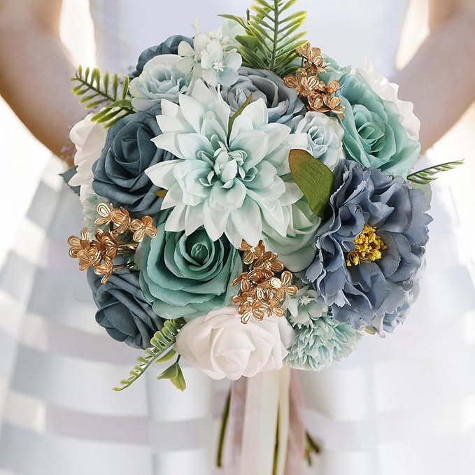 Artificial Flowers Combo Box Set Green Blue Bouquet Flowers for Wedding Centerpieces Arrangements Bridal Shower Party Decorations Fake Floral for Home