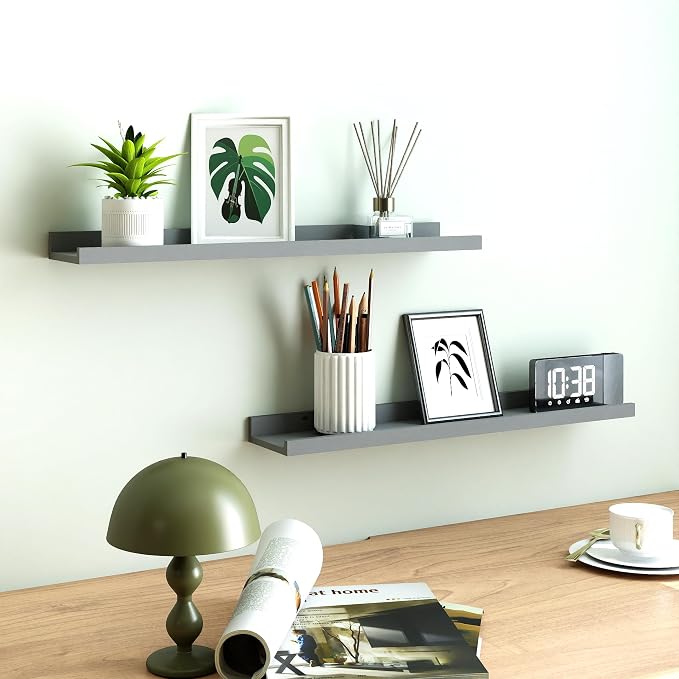 Floating Shelves for Wall Decor, Long Wall Mounted Storage Shelf for Bedroom, Living Room, Bathroom, Kitchen, Nursery, Modern Display Picture Ledge Shelf with Lip Set of 2-24 Inches, Grey