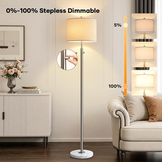 【Upgraded】 Dimmable Floor Lamp for Living Room, 11W LED Bulb Included, Modern Standing Lamp with Marble Base, Tall Pole Light with Linen Shade for Bedroom Reading Office Corner Nursery-Brushed Nickel