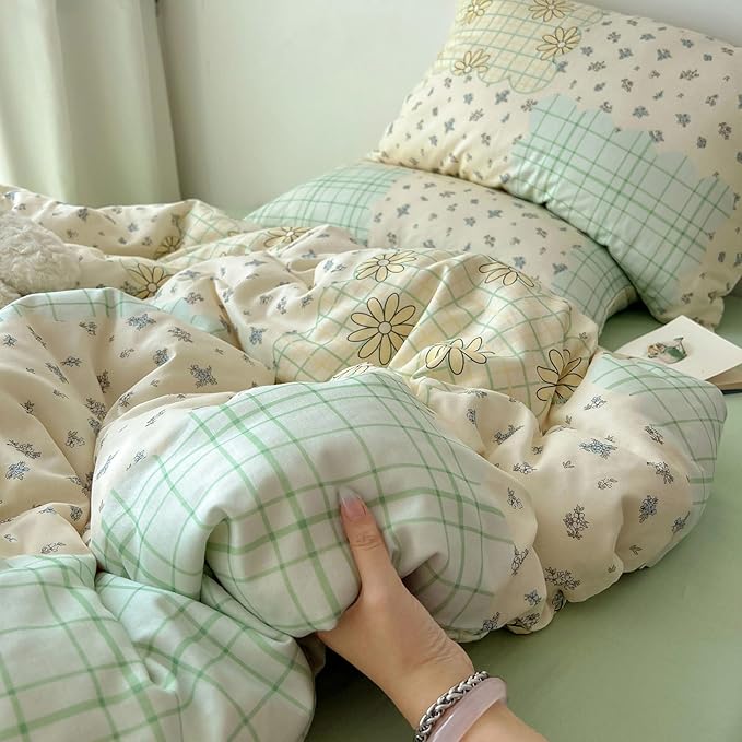 LifeTB Muslin Cotton Duvet Cover Set Full Size Vintage Style Floral Duvet Cover Soft Breathable Comforter Cover Farmhouse Flower Plaid Bedding Set Linen Feel Gauze Comforter Cover with Zipper Closure