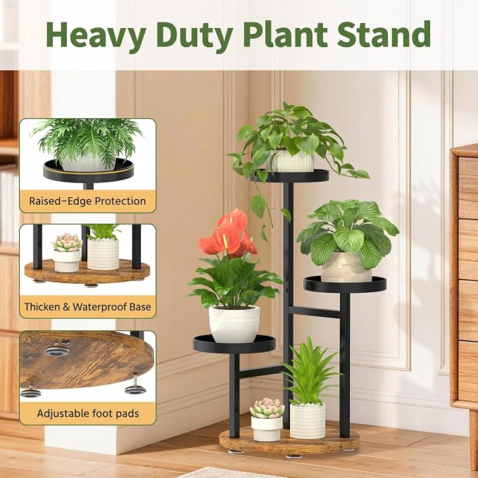 LASZOLA 3 Tier Metal Plant Stand for Indoor Corner, Heavy Duty Wooden Flower Holder Rack for Mutiple Plants, Planter Display Shelf for Patio Garden Balcony Living Room, Black