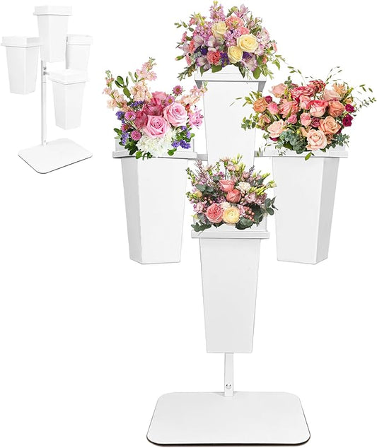 PROLEE Flower Display Stand with Buckets, Wedding Flower Cart Display Stand with Wheels,Flower Stand for Wedding Party, Events and Garden Decor (White)