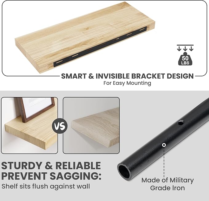 Wood Floating Shelves For Wall, 24”W x 9”D x 1.56”H Deep Wood Wall Shelves for Living Room Bedroom Bathroom Kitchen Drcor Storage with Invisible Heavy-Duty Metal Bracket, Natural Finish, Set of 2