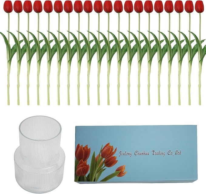 20 Artificial Tulips in Fluted Glass Vase, Waterproof Faux Flowers Bouquet for Wedding Home Office Decor, Table Centerpiece, Housewarming Birthday Gift Set (Red)