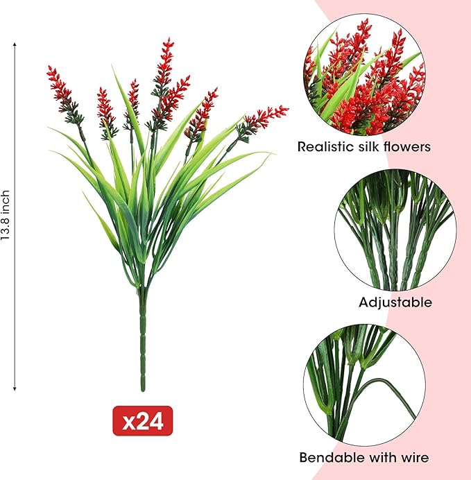Ouddy Decor 24 Bundles Artificial Flowers for Outdoors, Fake Lavender Flowers Monkey Grass Faux Plastic Plants Shrubs UV Resistant for Porch Garden Window Box Office Home Decorations, Red