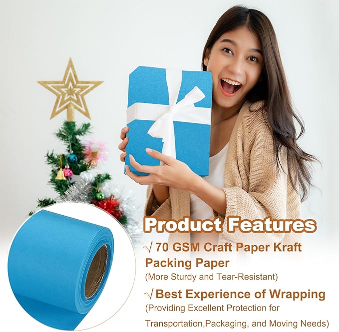 PATIKIL Wrapping Paper, 20" x 300"(25') 70 GSM Craft Paper Roll Kraft Packing Paper for Poster Bulletin Board, Gift Wrapping, Light Blue