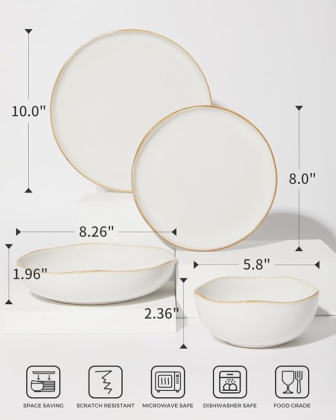 Pokini Plates and Bowls Sets, 16 Pieces Dinnerware Set for 4 with Pasta Bowls, Handmade Dishes Set, Chip Resistant Dishware Sets, Microwave Safe Dinner Set, Designed for Interactive Meals, White