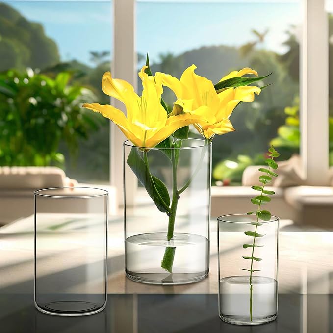 Amazing Abby Plastic Cylindrical Vases - 3-Piece Set, 6" + 8" + 9" (H)