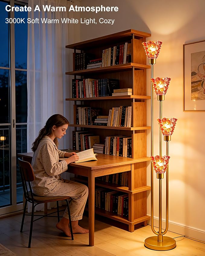 4-Light Modern Glass Floor Lamp, Gold Tall Standing Lamp with Deep Red Flower Glass Shade, Dimmable LED Floor Lamp with Line Control &5Lbs Heavy Base for Living Room Bedroom, Bulb Included