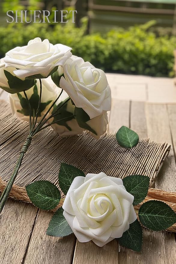 Ivory White Artificial Roses 25pcs, Real Looking Fake Foam Flowers with Stems for DIY Wedding Bridal Bouquets, Centerpieces, Party, Baby Shower, Christmas Decor