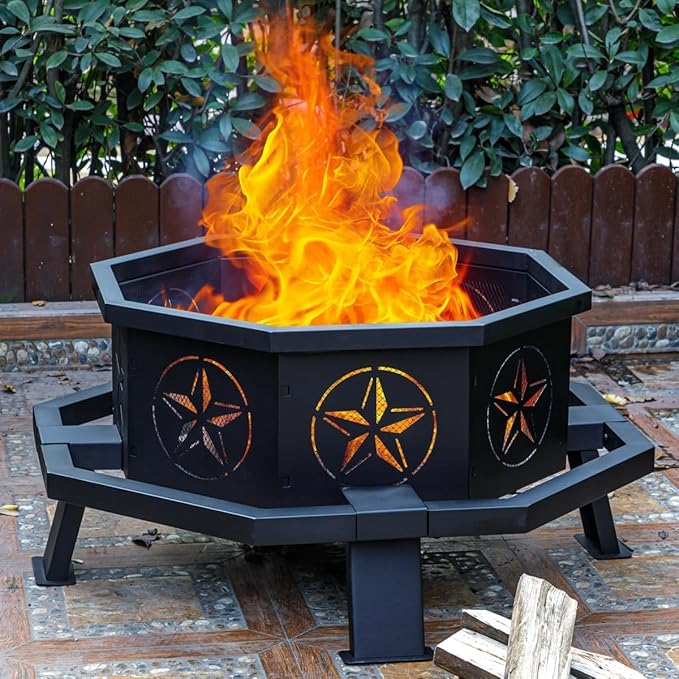 Verdeluxe 35 Inch Octagonal Outdoor Fire Pit,Wood Burning Fire Pit for Bonfire,Outside,Camping, Backyard, Patio