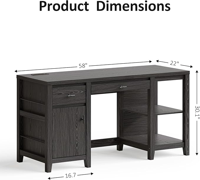 58" Executive Desk with Foldable Keyboard Tray and Charging Station, Farmhouse Wood Home Office Desk with Drawers and Magazine Rack, Large Writing Computer Desk for Home Office and Study, Black